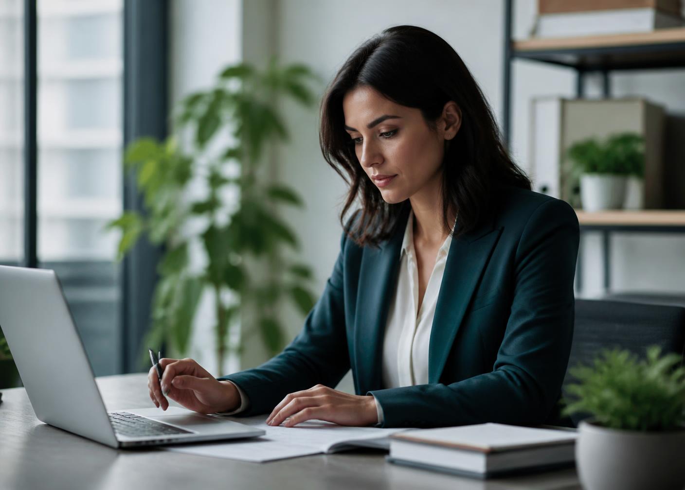 Businessfrau vertieft in ihre Arbeit am Schreibtisch im Büro