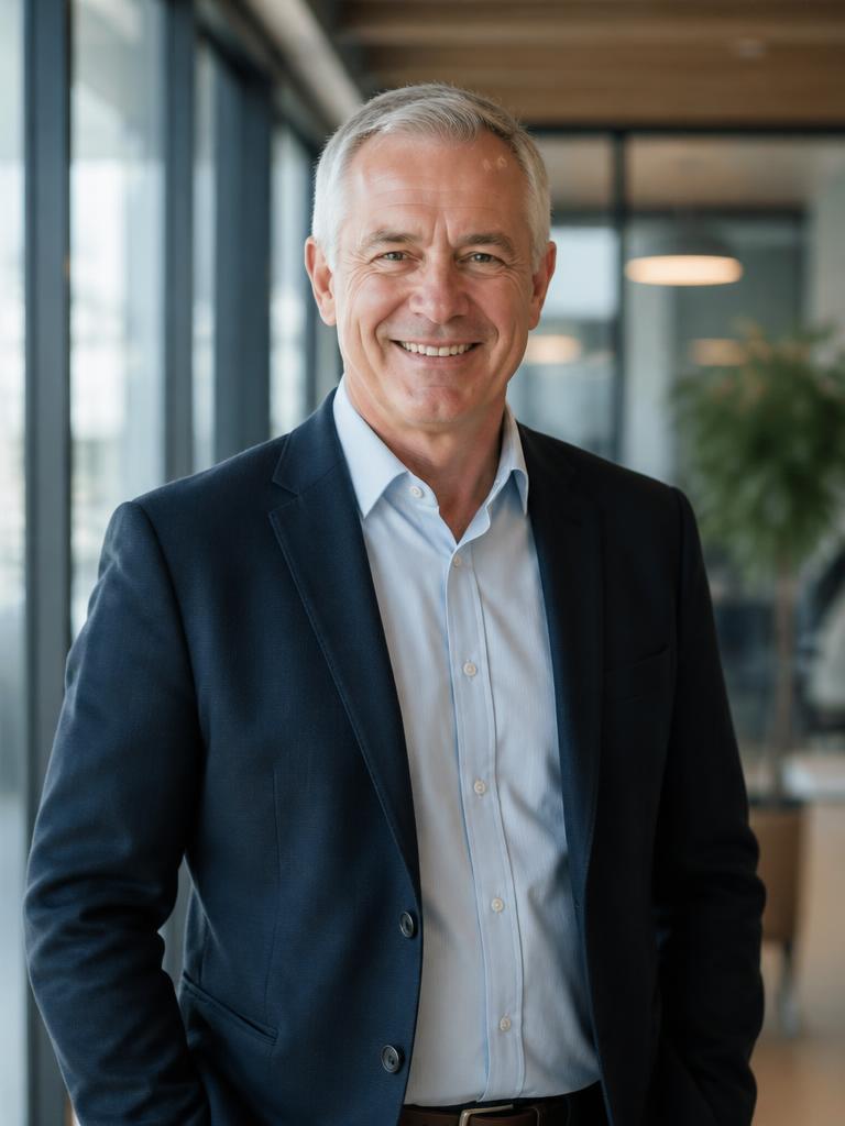 Freundlich lächelnder Geschäftsmann um die 60 Jahre im Büro